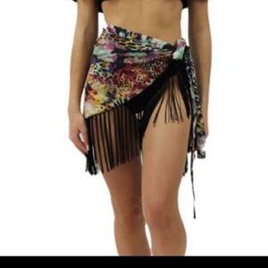 TiniBikini Swimwear OS Tie Swim Cover Up Skirt Bottom Cheetah Fringe Sheer